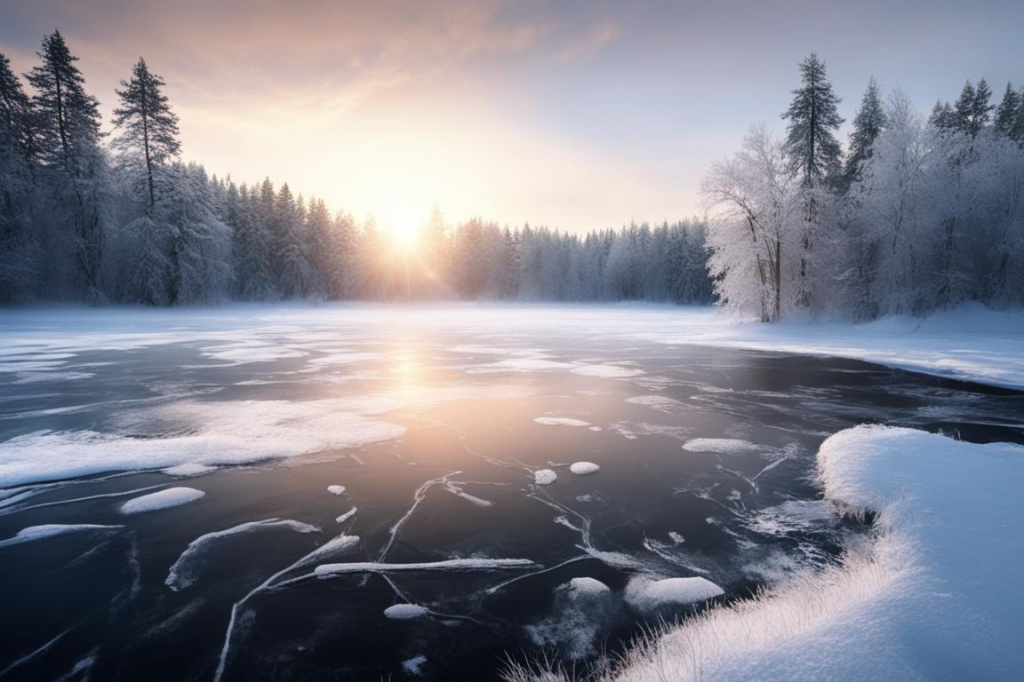 Озеро зимой в лесу